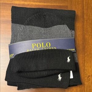 Polo by Ralph Lauren Black and Gray Men's Scarf & Hat Set